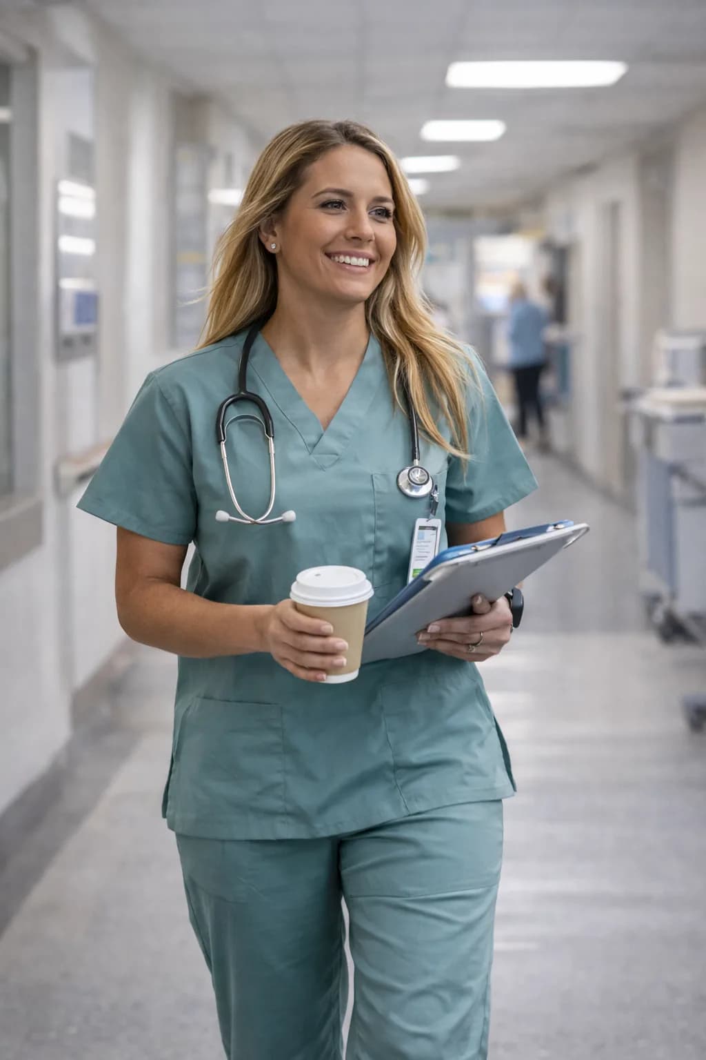 Clinician carrying a coffee and clipboard in a hospital corridor